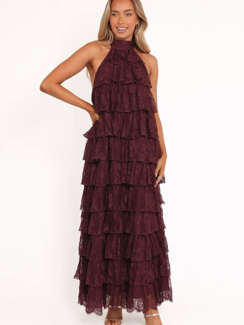Petal & Pup Lace Tiered Halter Maxi Dress - Burgundy Size S